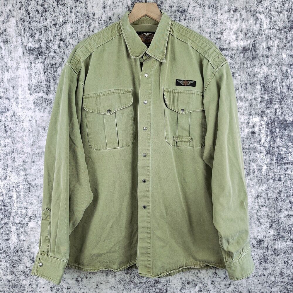 Vintage Harley Davidson Motorcycles L/S Green Button up Mens Size 2XL Military